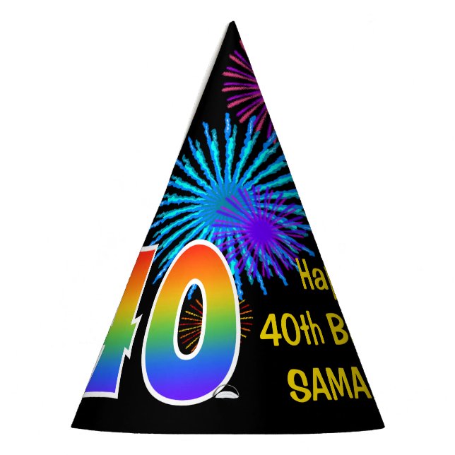Chapeaux De Fêtes Fun Fireworks + Rainbow Motif "40" Anniversaire # (Gauche)