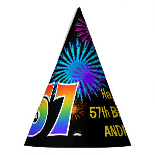 Chapeaux De Fêtes Fun Fireworks + Rainbow Motif "57" Anniversaire #