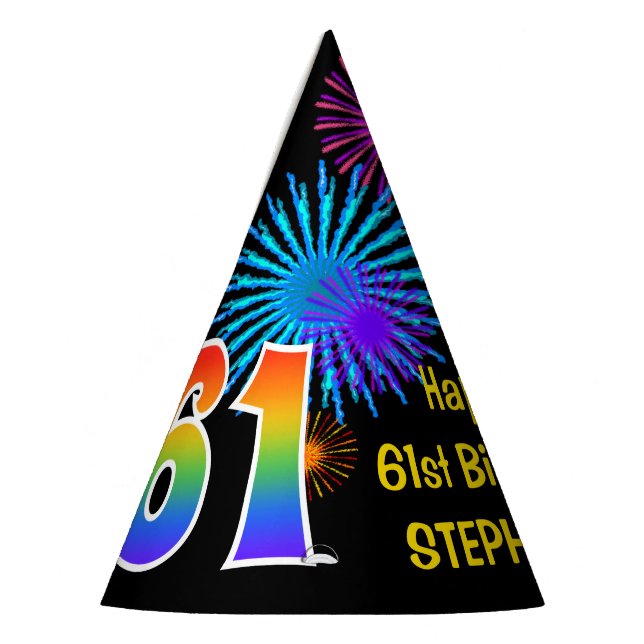 Chapeaux De Fêtes Fun Fireworks + Rainbow Motif "61" Anniversaire # (Gauche)