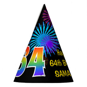 Chapeaux De Fêtes Fun Fireworks + Rainbow Motif "64" Anniversaire #