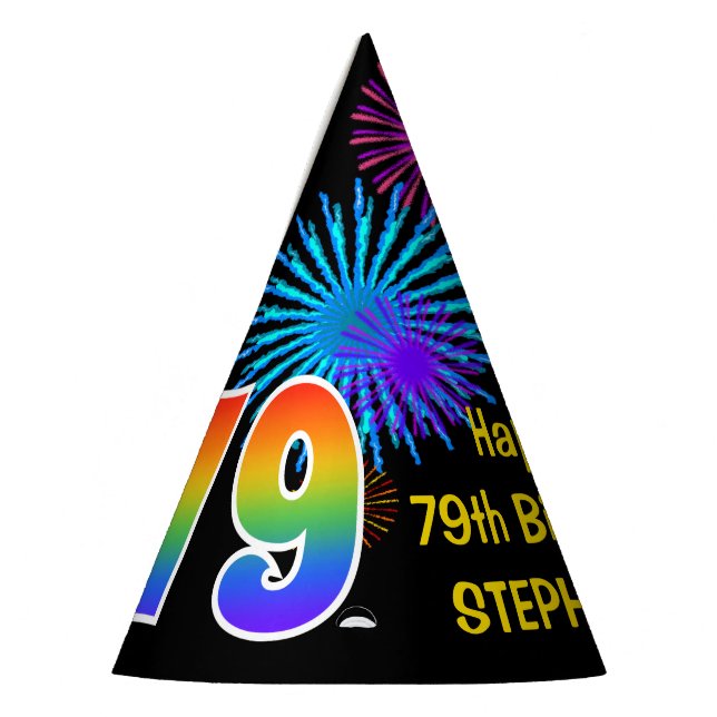 Chapeaux De Fêtes Fun Fireworks + Rainbow Motif "79" Anniversaire # (Gauche)