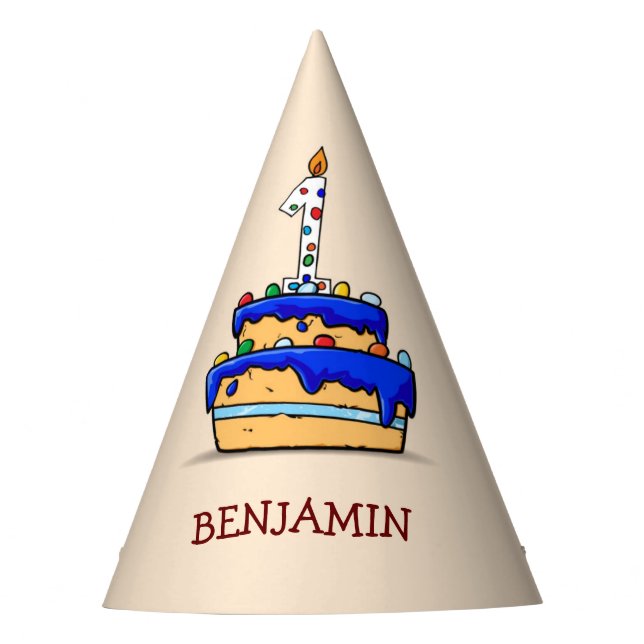 Chapeaux De Fêtes Garçon 1er anniversaire, 1 sur le gâteau bleu doux (Devant)