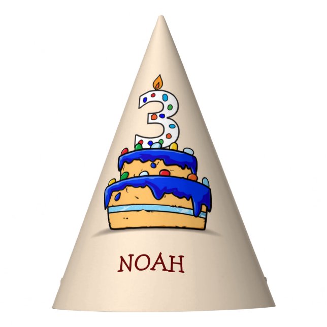 Chapeaux De Fêtes Garçon 3e anniversaire, 3 sur Gâteau bleu doux (Devant)