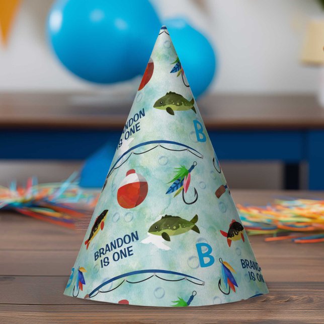 Chapeaux De Fêtes Garçons 1er anniversaire o-poisson-ally pêche thèm (Fishing themed, boy 1st birthday party cone hat.)