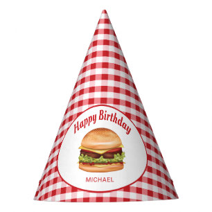 Chapeaux De Fêtes Hamburger Sur Red En vichy Motif Joyeux Anniversai