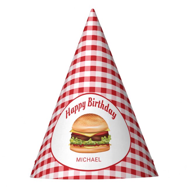 Chapeaux De Fêtes Hamburger Sur Red En vichy Motif Joyeux Anniversai (Devant)