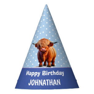 Chapeaux De Fêtes Highland Cow heureux anniversaire Blue Party Casqu
