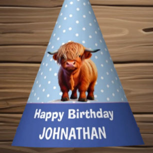 Chapeaux De Fêtes Highland Cow heureux anniversaire Blue Party Casqu