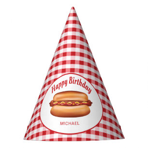 Chapeaux De Fêtes Hot Dog Sur Red En vichy Motif Joyeux anniversaire