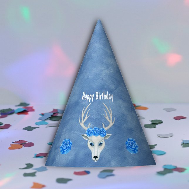 Chapeaux De Fêtes Imaginaire Blanc Tête de Cerf Antlers Bleu Roses (White fantasy deer head big antlers with blue roses on blue Happy Birthday paper party hat.)