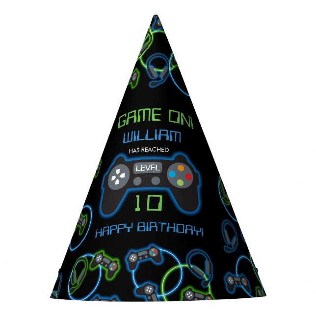 Chapeaux De Fêtes Jeu vidéo Neon Blue & Green Anniversaire Party (Devant)