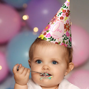 Chapeaux De Fêtes Joli Anniversaire Fille de Un An Fleurs Rose
