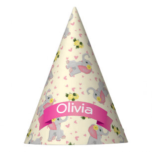 Chapeaux De Fêtes Joli Eléphant rose et gris Floral Anniversaire