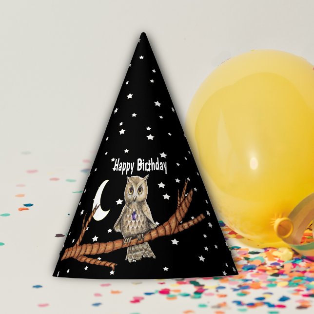Chapeaux De Fêtes Joli hibou yeux or violet cristal Lune étoiles (Pretty owl purple crystal necklace on branch moon stars on Happy Birthday black paper party hat.)