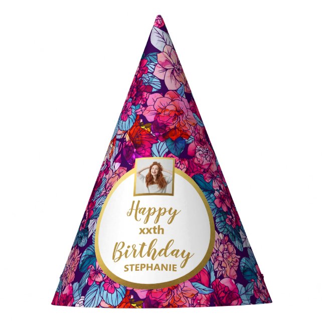 Chapeaux De Fêtes Joli rose Floral Custom Photo Joyeux Anniversaire (Devant)