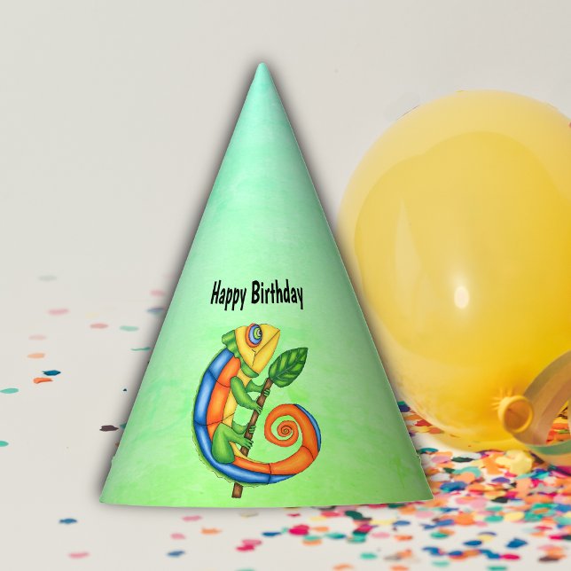 Chapeaux De Fêtes Lizard de dessin d'anniversaire en couleurs vives  (Cartoon cute lizard bright colours with leaf on blue green mix paper kids birthday party hat.)