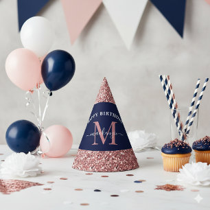 Chapeaux De Fêtes Marine Blue Rose Gold Monogramme Anniversaire