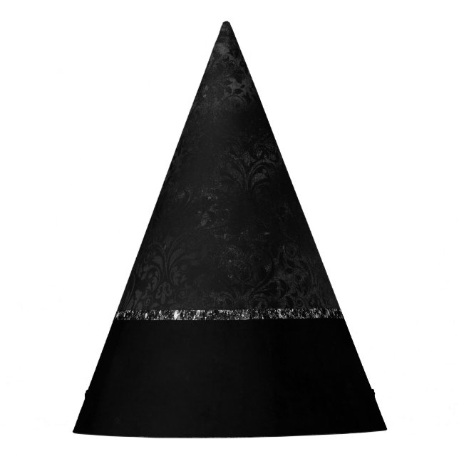 Chapeaux De Fêtes Minuit Onyx Romance | Black Satiny Grunge Damask (Devant)