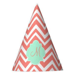Chapeaux De Fêtes Monogramme Coral et blanc Chevron avec vert menthe