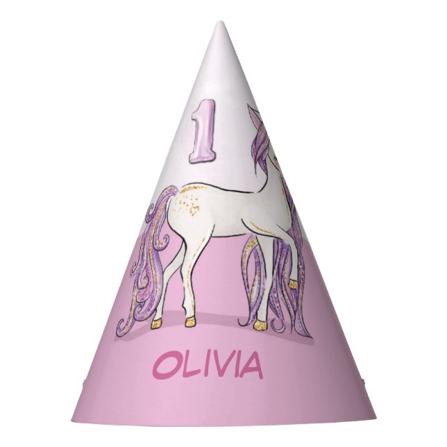 Chapeaux De Fêtes Nom personnalisé 1er anniversaire Cheval rose avec (Devant)