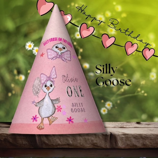 Chapeaux De Fêtes Oie bête 1er anniversaire Bow rose (Silly Goose 1st Birthday Pink Bow Party Hat)