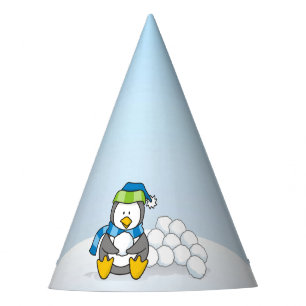 Chapeaux De Fêtes Petit pingouin assis avec des boules de neige