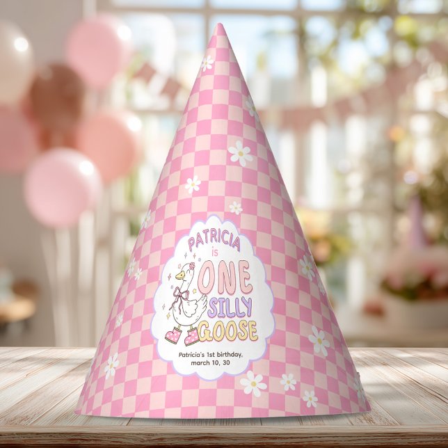 Chapeaux De Fêtes Pink One Silly Goose-Retro Girl First Birthday (Pink One Silly Goose-Retro Girl First Birthday Party Hat. Spring Silly Goose Themed 1st Birthday Hat)