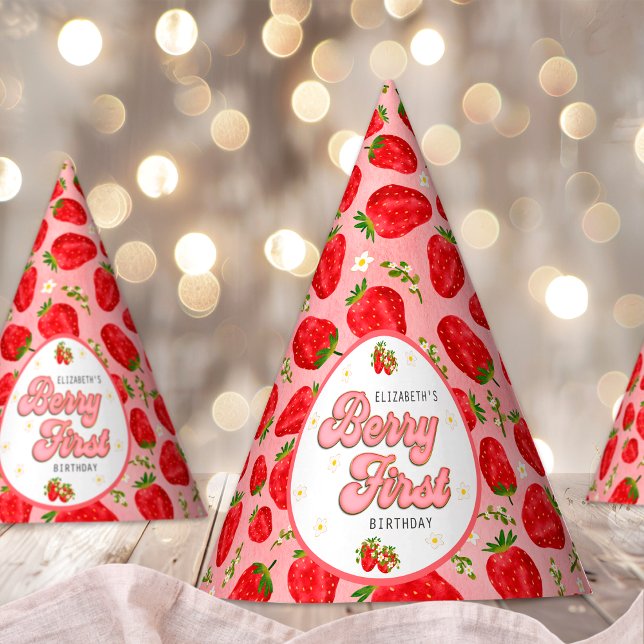 Chapeaux De Fêtes PInk Red Strawberry First Birthday Berry First (Créateur téléchargé)