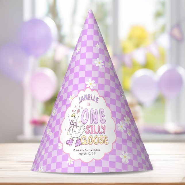 Chapeaux De Fêtes Purple One Silly Goose-Retro Girl First Birthday (Purple One Silly Goose-Retro Girl First Birthday Party Hat. Spring Silly Goose Themed 1st Birthday.)