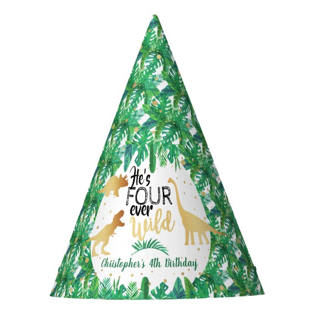 Chapeaux De Fêtes Quatre Dinosaures Sauvages Boys 4e anniversaire (Devant)