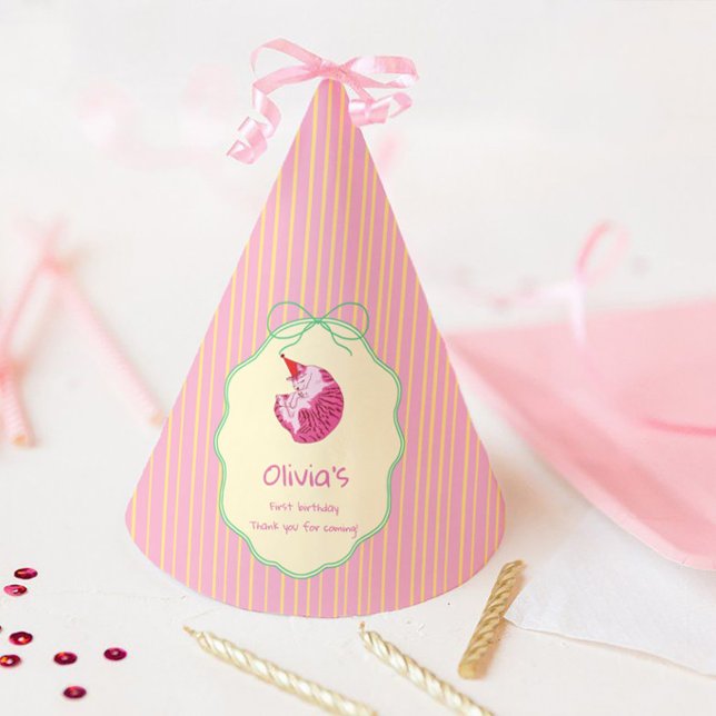 Chapeaux De Fêtes Sleepy Cat 1st Birthday Yellow Stripes (Créateur téléchargé)