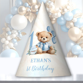 Chapeaux De Fêtes Teddy Bear 1er Anniversaire Blue Ballons Papier