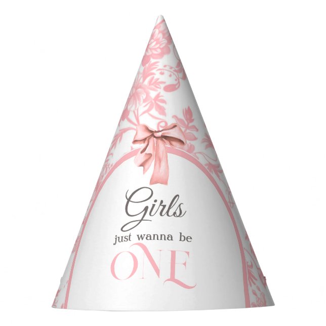 Chapeaux De Fêtes Toile de Jouy Girl Pink Bow First 1st Birthday (Devant)