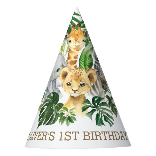Chapeaux De Fêtes Vert Jungle Animaux Safari 1er Anniversaire Cône (Devant)