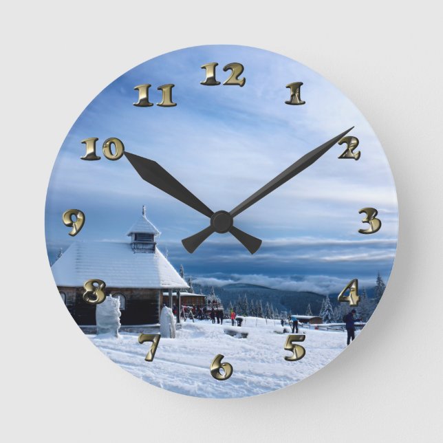 Chapel in the Alps Snow Mountain Round Clock (Front)