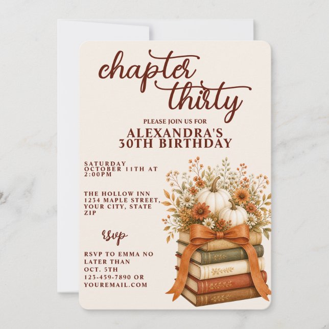 Chapter 30 Fall Pumpkin Bookish 30th Birthday Invitation (Front)