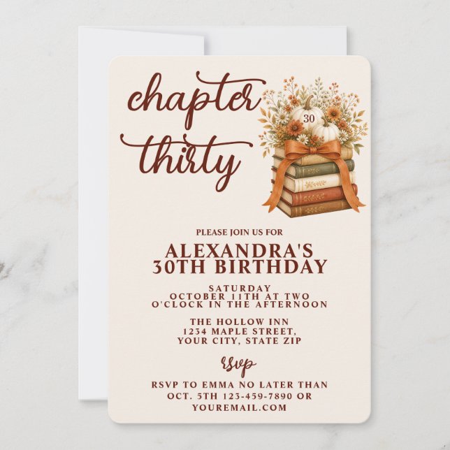 Chapter 30 Fall Pumpkin Bookish 30th Birthday Invitation (Front)