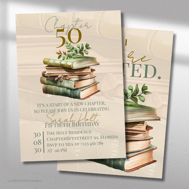 Chapter 50 Birthday | Stacked Books & Leaves  Invitation (Creator Uploaded)