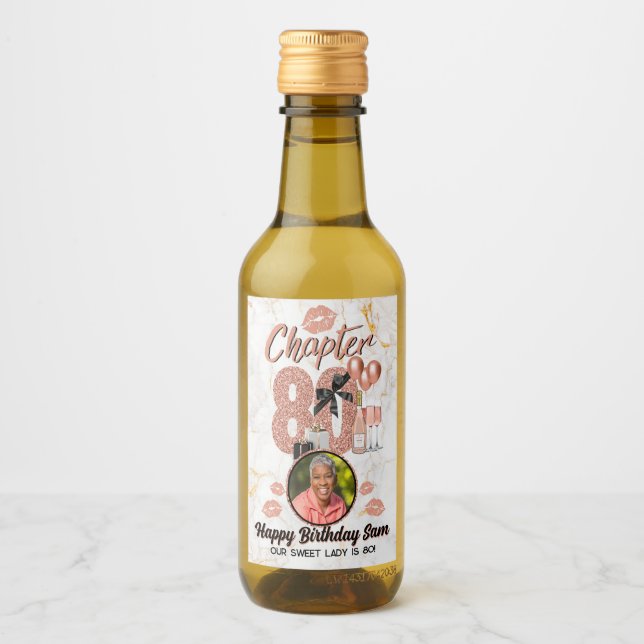 Chapter 80 Rose Gold 80th Birthday Elegant Photo Wine Label (Front)