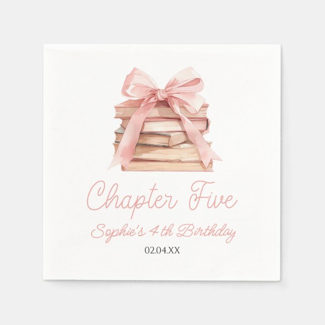 Chapter Five Pink Bow Books 5th Birthday Party Napkin (Front)