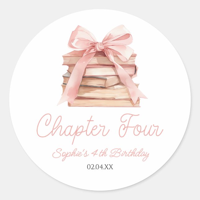 Chapter Four Pink Bow Books 4th Birthday Party Classic Round Sticker (Front)