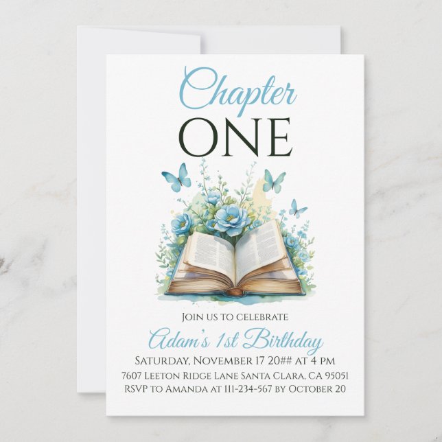 Chapter One Book Blue Boy First Birthday Invitation (Front)