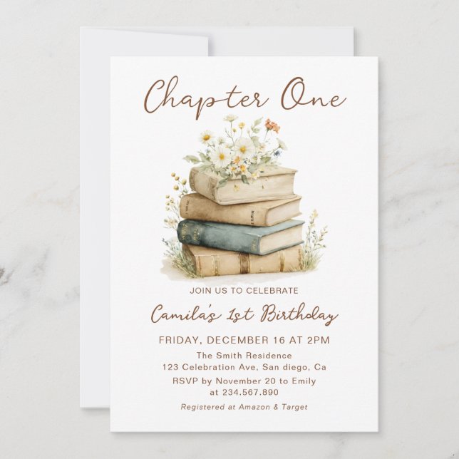 Chapter One Floral Books 1st Birthday Invitation (Devant)