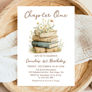 Chapter One Floral Books 1st Birthday Invitation