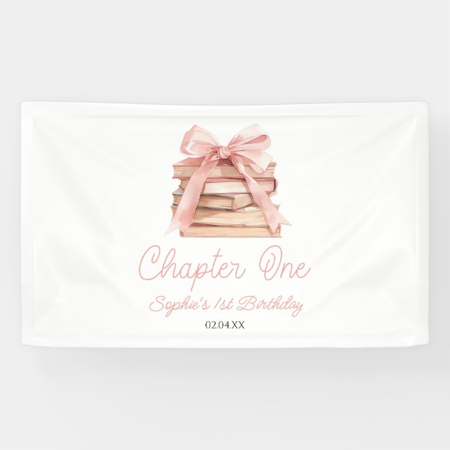 Chapter One Pink Bow Books 1st Birthday Party Banner (Horizontal)
