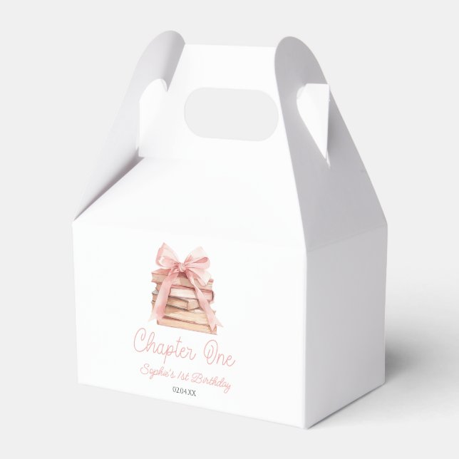 Chapter One Pink Bow Books 1st Birthday Party Favor Box (Front Side)