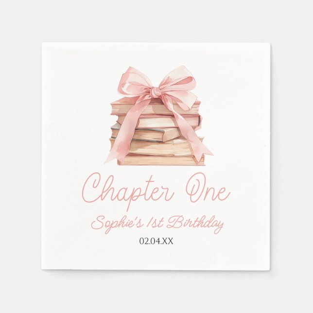 Chapter One Pink Bow Books 1st Birthday Party Napkin (Front)