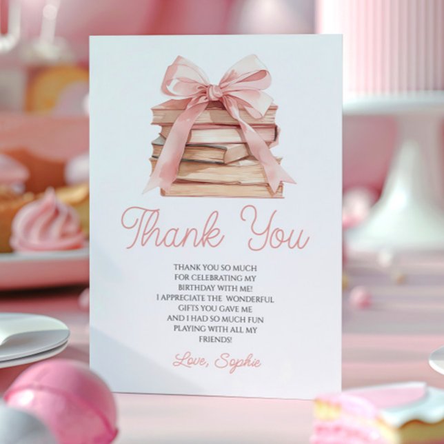 Chapter Storybook Pink Bow Books Birthday Party Thank You Card (Creator Uploaded)