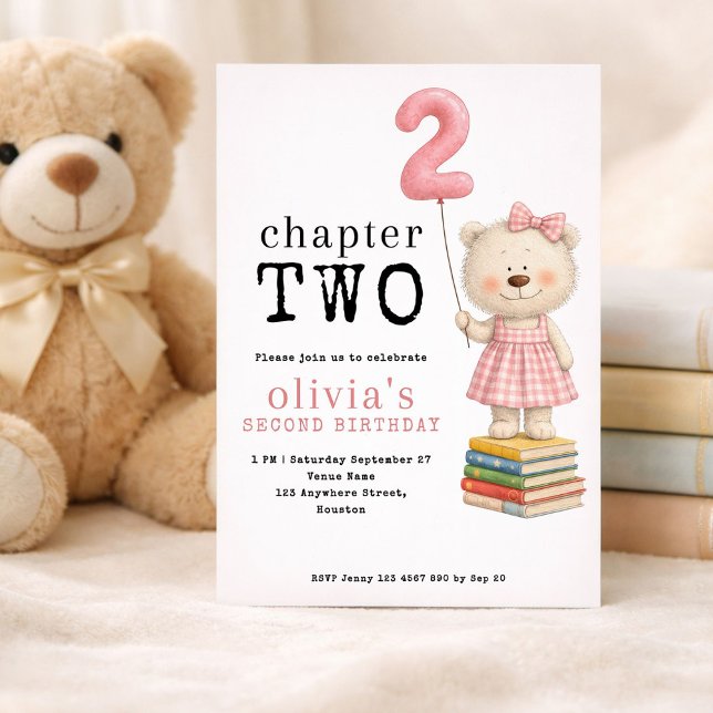 Chapter Two Teddy Bear Book Girl 2nd Birthday Pink Invitation (Creator Uploaded)