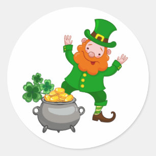 Character cheerful leprechaun with pot classic round sticker